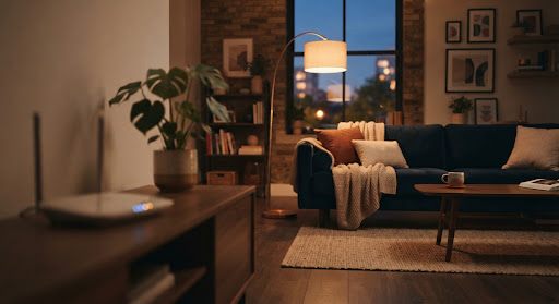 A warm shared living room at night