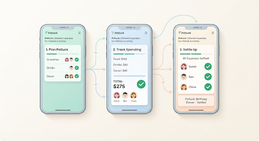 Three Potluck app screens showing shared plans